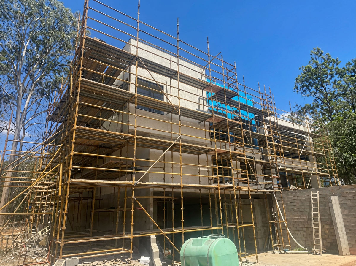 Multi-storey render mid-build with full scaffolding